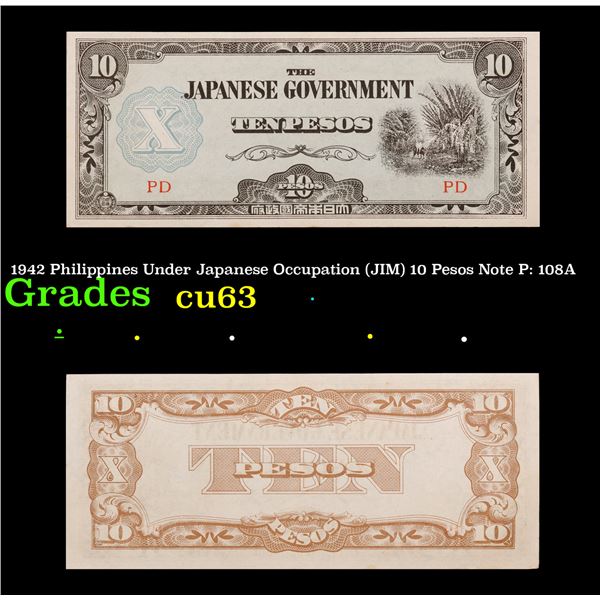 1942 Philippines Under Japanese Occupation (JIP) 10 Pesos Note P: 108A Grades Select CU