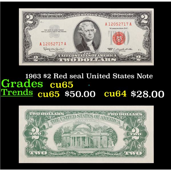 1963 $2 Red seal United States Note Grades Gem CU