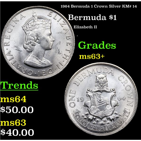 1964 Bermuda 1 Crown Silver KM# 14 Grades Select+ Unc