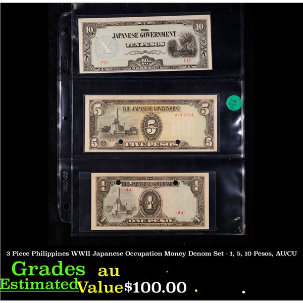 3 Piece Philippines WWII Japanese Occupation Money Denom Set - 1, 5, 10 Pesos, AU/CU Grades au