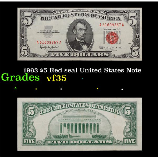 1963 $5 Red seal United States Note Grades vf++