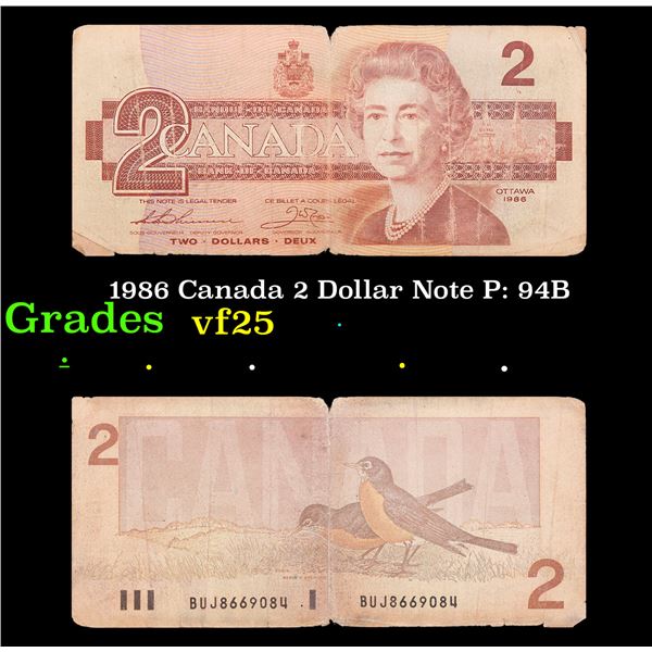 1986 Canada 2 Dollar Note P: 94B Grades vf+
