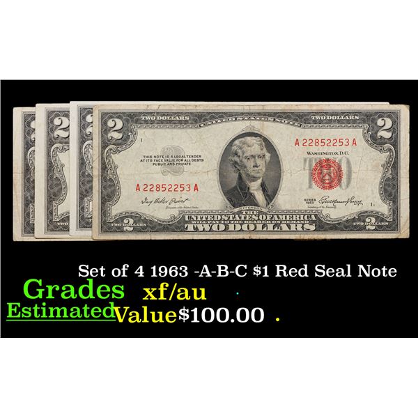 Set of 4 1963 -A-B-C $1 Red Seal Note Grades XF/AU