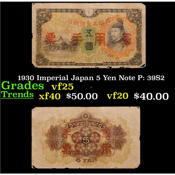 1930 Imperial Japan 5 Yen Note P: 39S2 Grades vf+