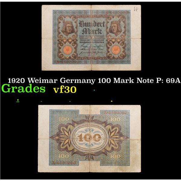 1920 Weimar Germany 100 Mark Note P: 69A Grades vf++