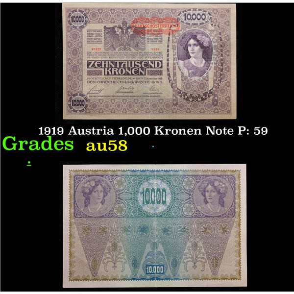 1919 Austria 1,000 Kronen Note P: 59 Grades Choice AU/BU Slider