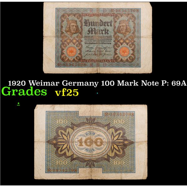 1920 Weimar Germany 100 Mark Note P: 69A Grades vf+