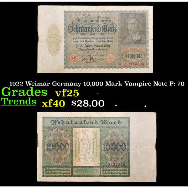 1922 Weimar Germany 10,000 Mark Vampire Note P: 70 Grades vf+