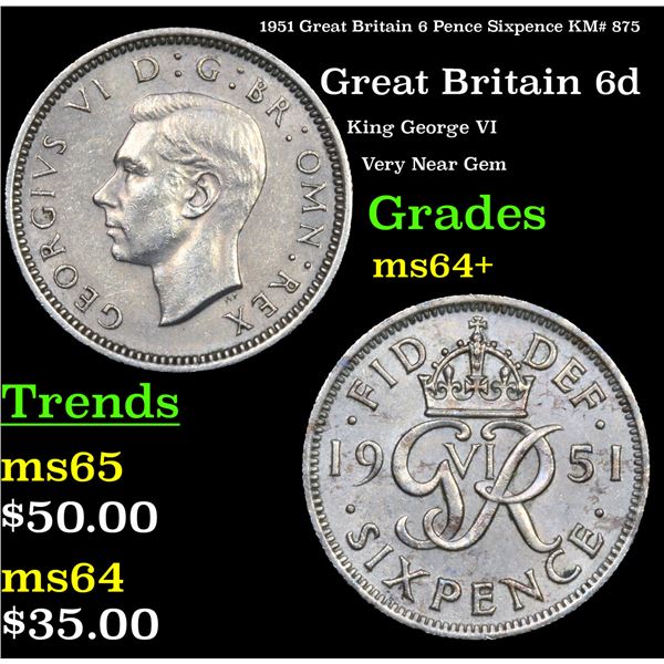 1951 Great Britain 6 Pence Sixpence KM# 875 Grades Choice+ Unc
