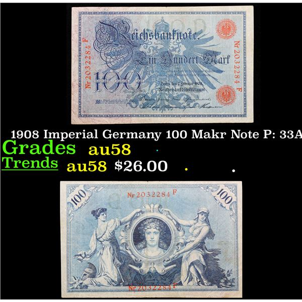 1908 Imperial Germany 100 Makr Note P: 33A Grades Choice AU/BU Slider