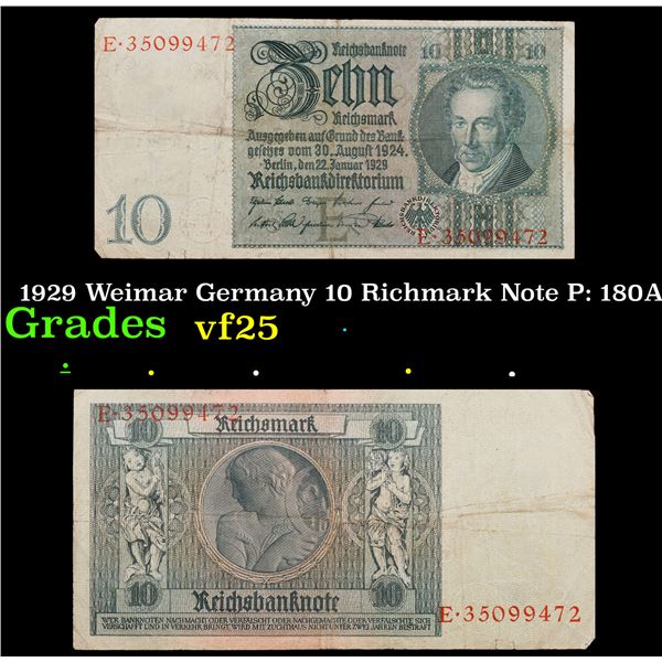 1929 Weimar Germany 10 Richmark Note P: 180A Grades vf+