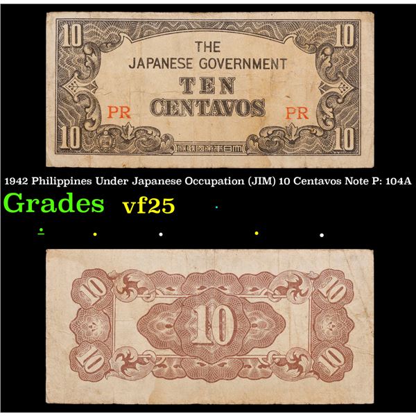 1942 Philippines Under Japanese Occupation (JIP) 10 Centavos Note P: 104A Grades vf+