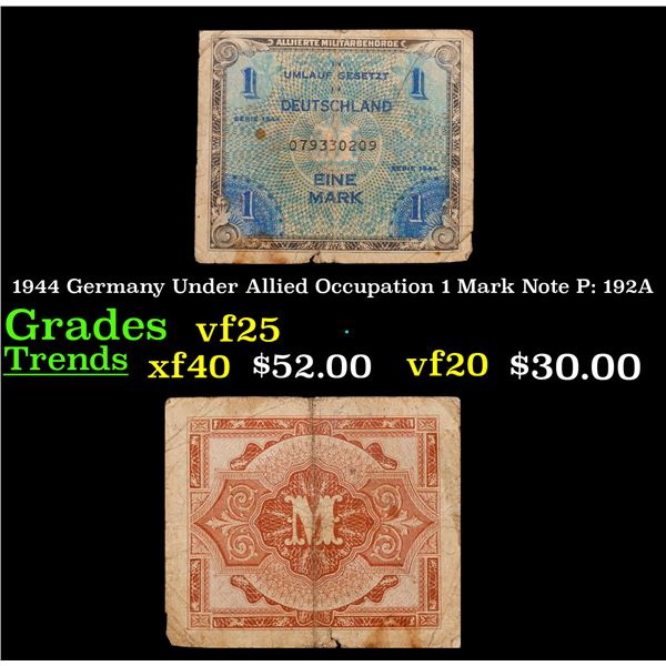 1944 Germany Under Allied Occupation 1 Mark Note P: 192A Grades vf+
