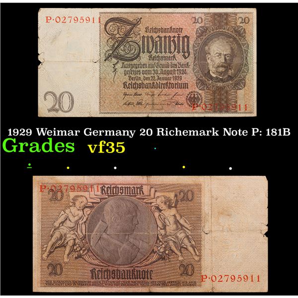 1929 Weimar Germany 20 Richemark Note P: 181B Grades vf++