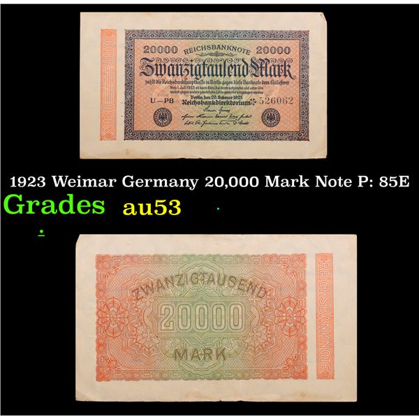1923 Weimar Germany 20,000 Mark Note P: 85E Grades Select AU