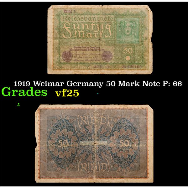 1919 Weimar Germany 50 Mark Note P: 66 Grades vf+