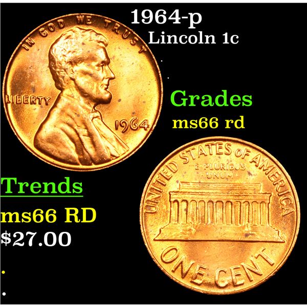 1964-p Lincoln Cent 1c Grades GEM+ Unc RD