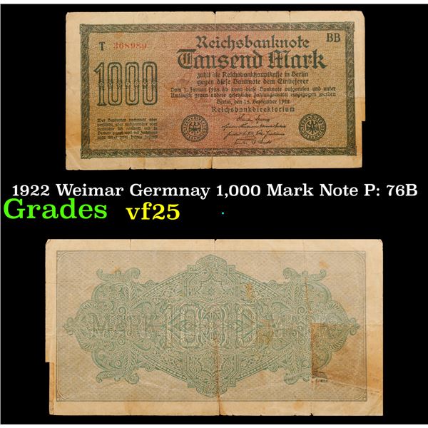 1922 Weimar Germnay 1,000 Mark Note P: 76B Grades vf+