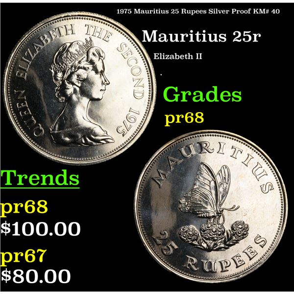 Proof 1975 Mauritius 25 Rupees Silver Proof KM# 40 Grades GEM++ Proof