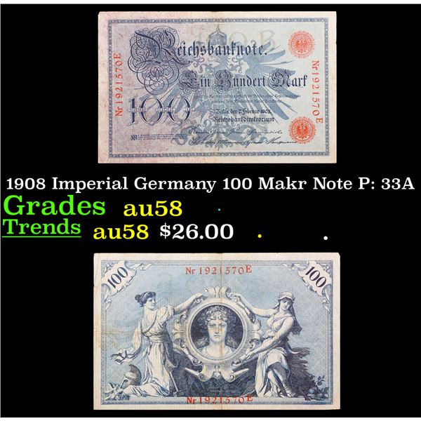 1908 Imperial Germany 100 Makr Note P: 33A Grades Choice AU/BU Slider