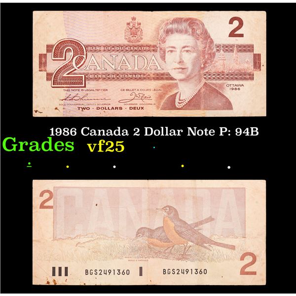 1986 Canada 2 Dollar Note P: 94B Grades vf+