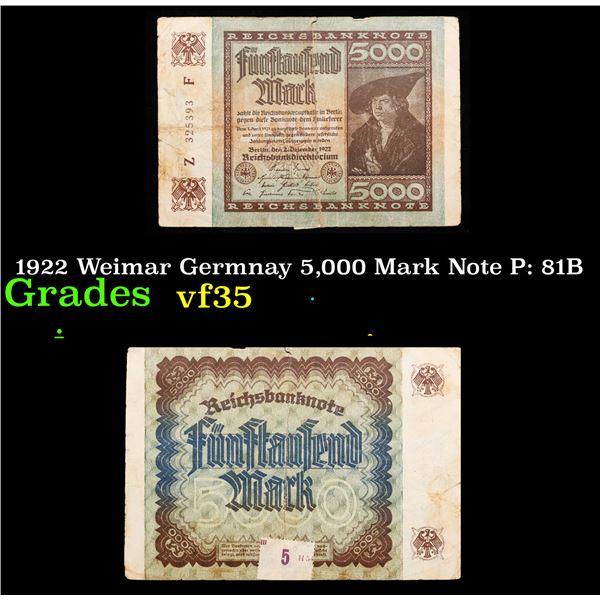 1922 Weimar Germnay 5,000 Mark Note P: 81B Grades vf+
