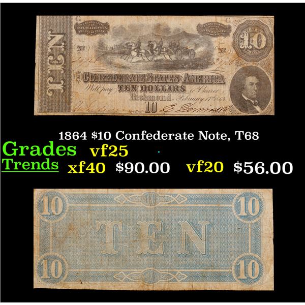 1864 $10 Confederate Note, T68 Grades vf++