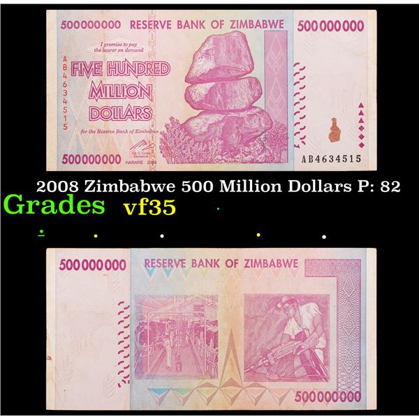 2008 Zimbabwe 500 Million Dollars P: 82 Grades vf++