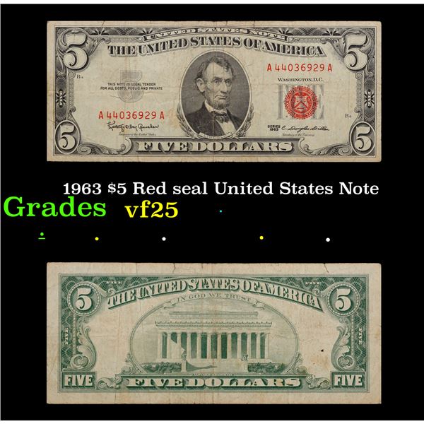 1963 $5 Red seal United States Note Grades vf+