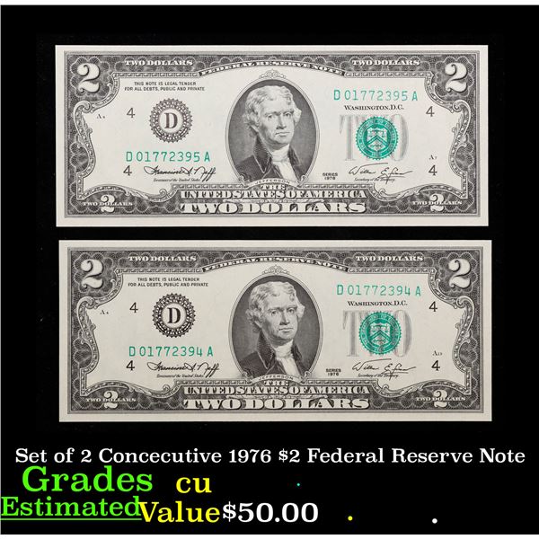 Set of 2 Concecutive 1976 $2 Federal Reserve Note  Grades CU