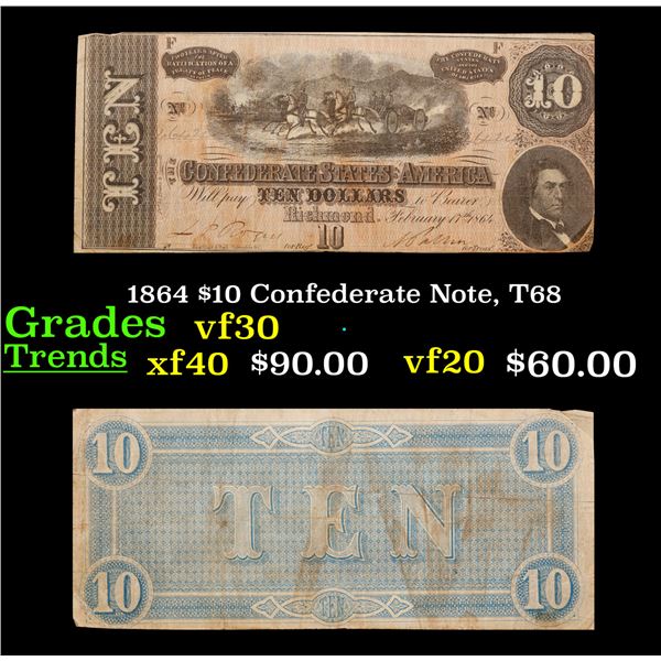 1864 $10 Confederate Note, T68 Grades vf++