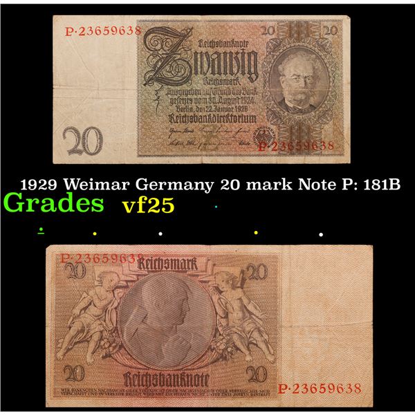1929 Weimar Germany 20 mark Note P: 181B Grades vf+