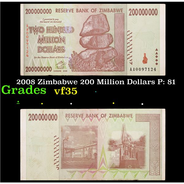 2008 Zimbabwe 200 Million Dollars P: 81 Grades vf++