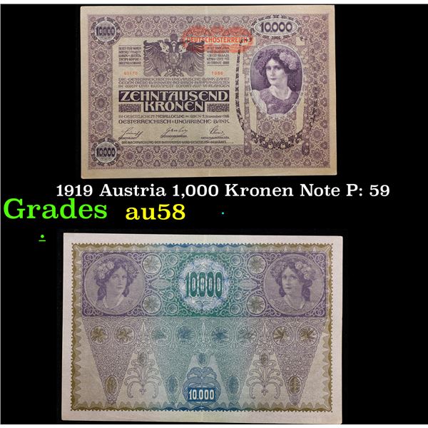 1919 Austria 1,000 Kronen Note P: 59 Grades Choice AU/BU Slider