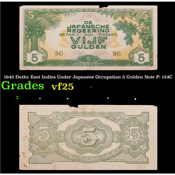 1942 Duthc East Indies Under Japanese Occupation 5 Gulden Note P: 124C Grades vf+