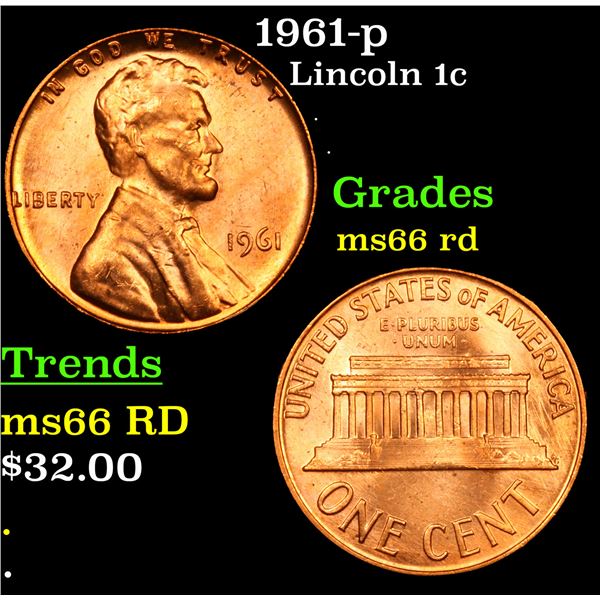 1961-p Lincoln Cent 1c Grades GEM+ Unc RD