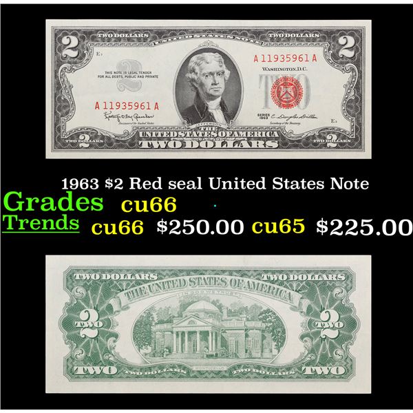 1963 $2 Red seal United States Note Grades Gem+ CU