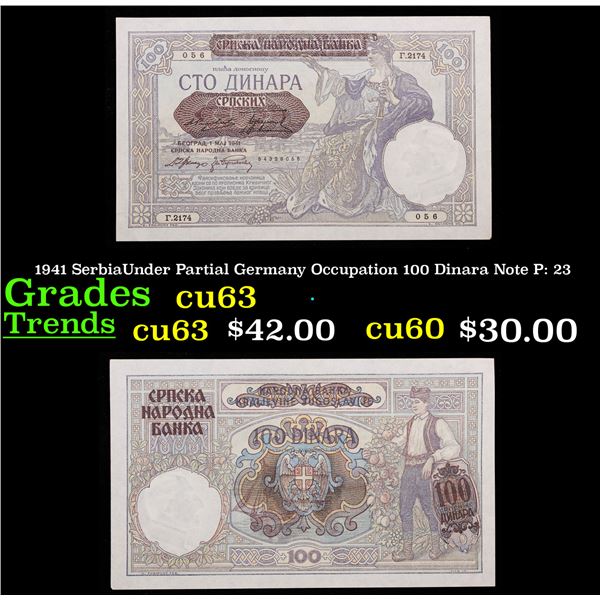 1941 SerbiaUnder Partial Germany Occupation 100 Dinara Note P: 23 Grades Select CU