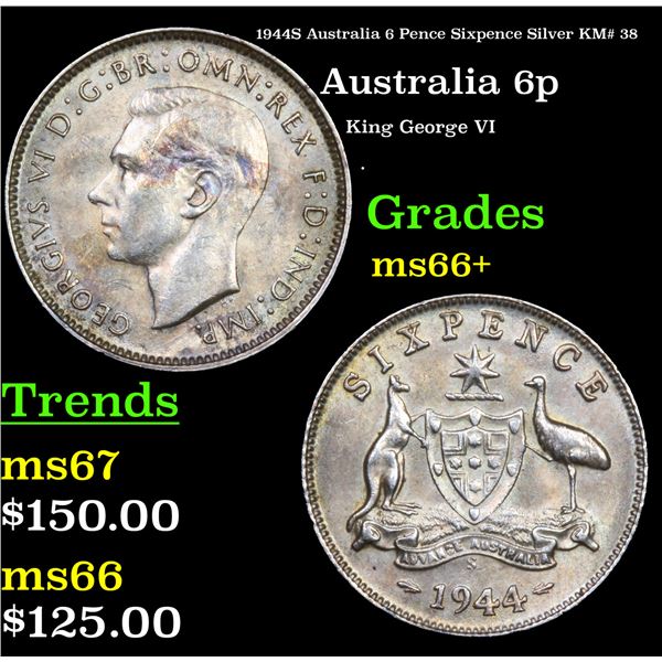 1944S Australia 6 Pence Sixpence Silver KM# 38 Grades GEM++ Unc