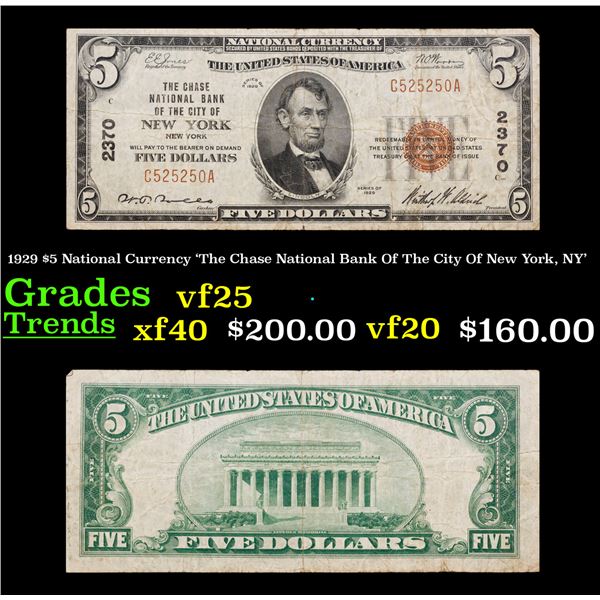 1929 $5 National Currency 'The Chase National Bank Of The City Of New York, NY' Grades vf+