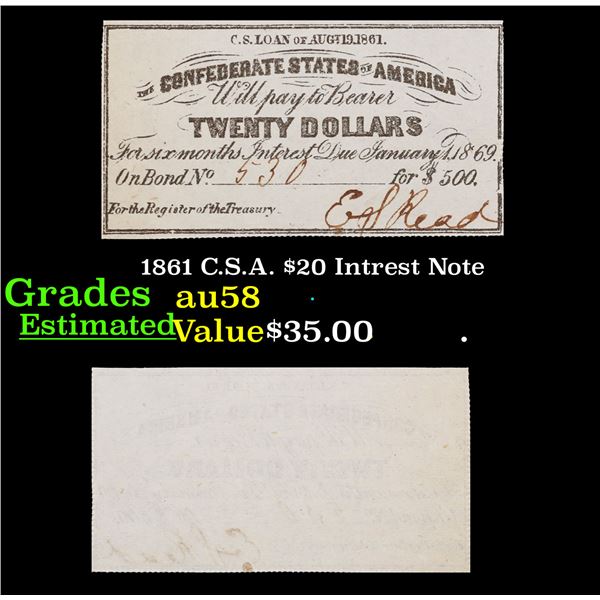 1861 C.S.A. $20 Intrest Note Grades Choice AU/BU Slider