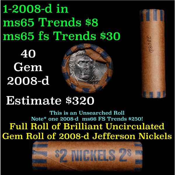 Shotgun Jefferson 5c roll, 2008-d 40 pcs Vintage Nickel Wrapper