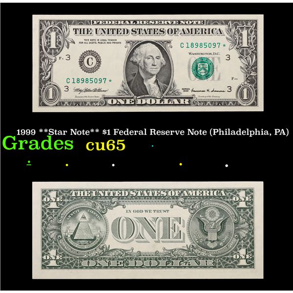 1999 **Star Note** $1 Federal Reserve Note (Philadelphia, PA) Grades Gem CU