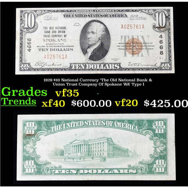 1929 $10 National Currency 'The Old National Bank & Union Trust Company Of Spokane WA' Type I Grades