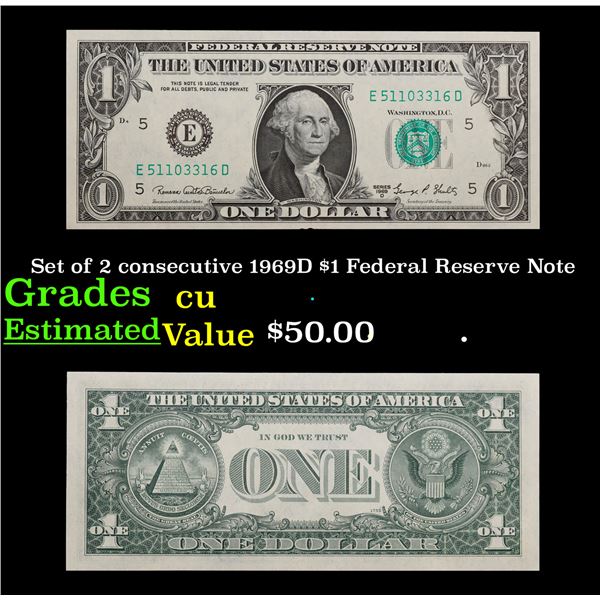 Set of 2 consecutive 1969D $1 Federal Reserve Note Grades CU