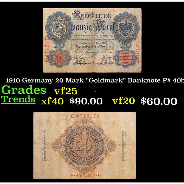1910 Germany 20 Mark "Goldmark" Banknote P# 40b Grades vf+