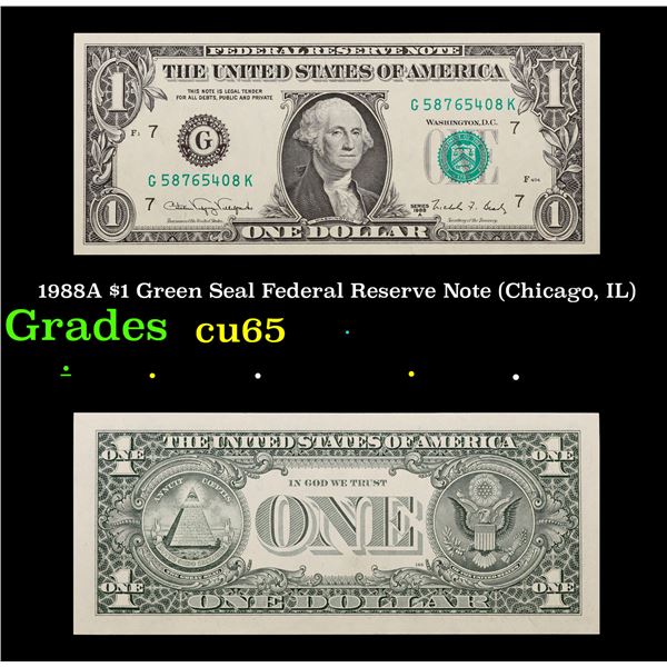 1988A $1 Green Seal Federal Reserve Note (Chicago, IL) Grades Gem CU