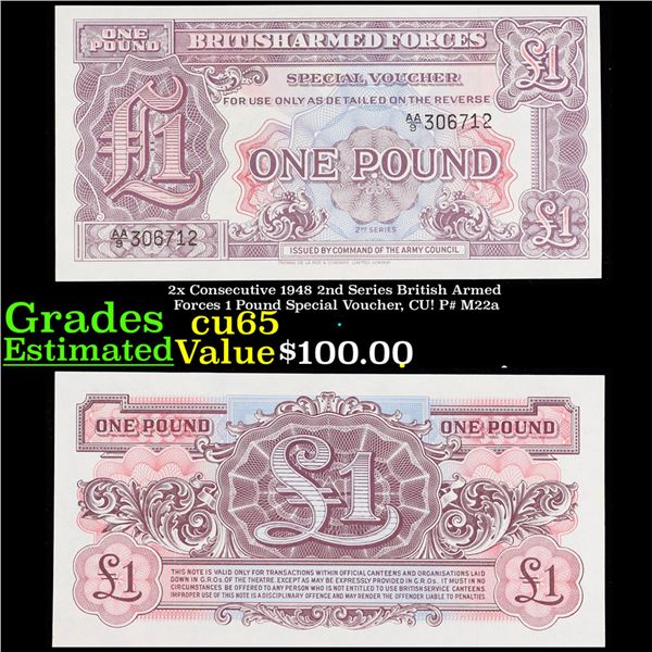 2x Consecutive 1948 2nd Series British Armed Forces 1 Pound Special Voucher, CU! P# M22a Grades Gem 