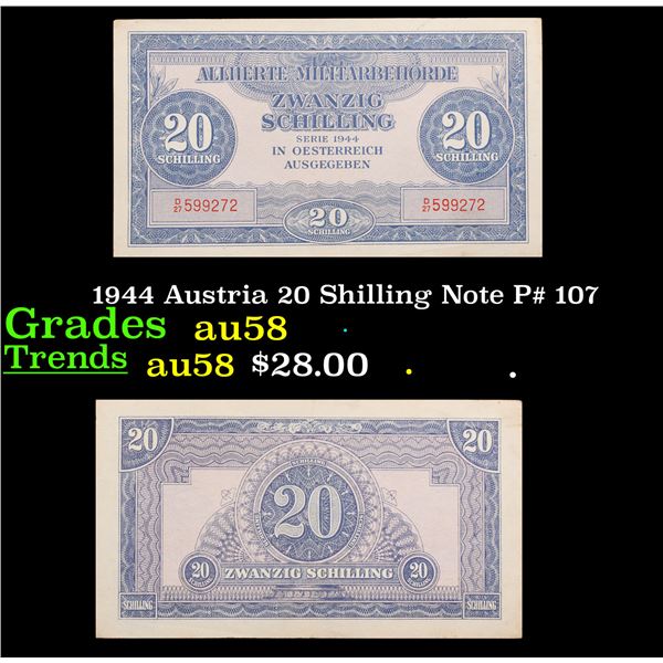 1944 Austria 20 Shilling Note P# 107 Grades Choice AU/BU Slider