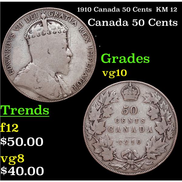 1910 Canada 50 Cents  KM 12 Grades vg+